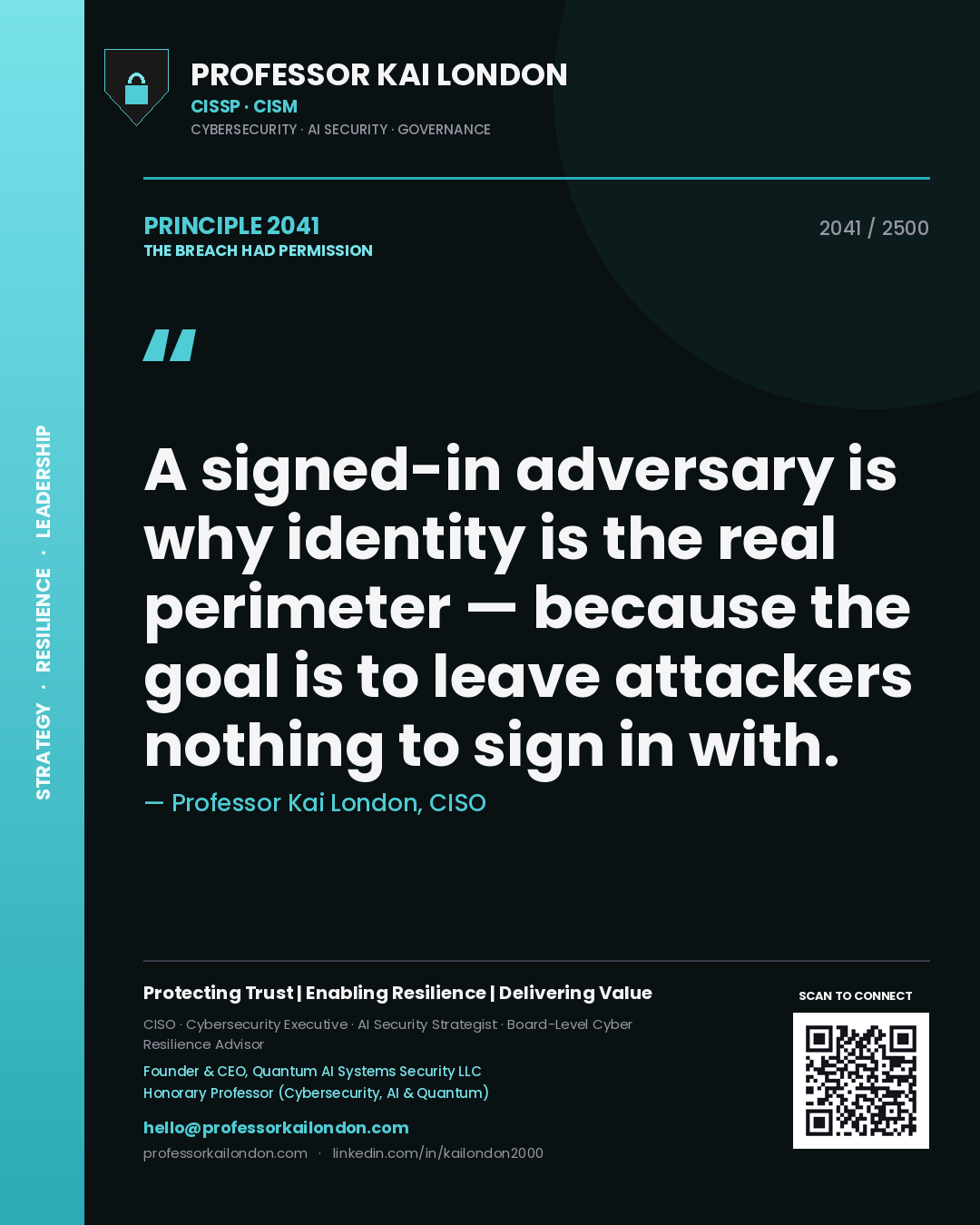 Quote card by Professor Kai London reading 'A signed-in adversary is why identity is the real perimeter — because the goal is to leave attackers nothing to sign in with.'. From the book The Breach Had Permission.
