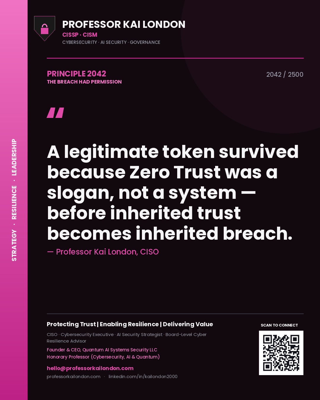 Quote card by Professor Kai London reading 'A legitimate token survived because Zero Trust was a slogan, not a system — before inherited trust becomes inherited breach.'. From the book The Breach Had Permission.