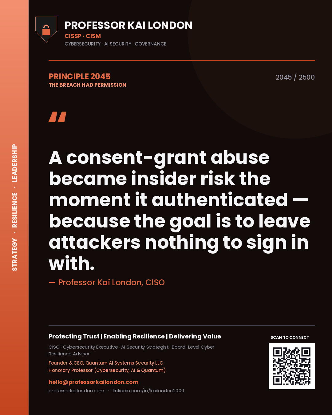 Quote card by Professor Kai London reading 'A consent-grant abuse became insider risk the moment it authenticated — because the goal is to leave attackers nothing to sign in with.'. From the book The Breach Had Permission.