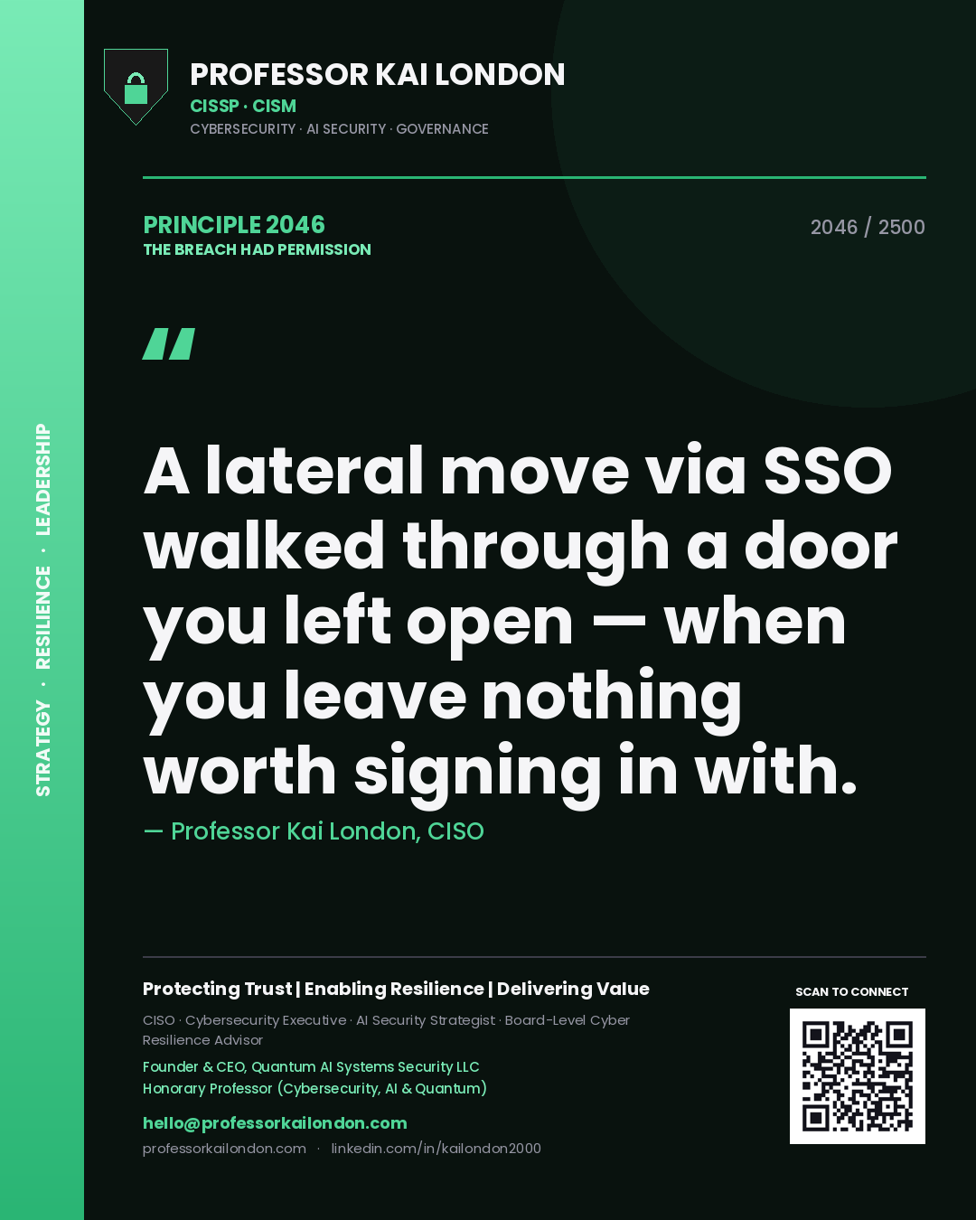 Quote card by Professor Kai London reading 'A lateral move via SSO walked through a door you left open — when you leave nothing worth signing in with.'. From the book The Breach Had Permission.