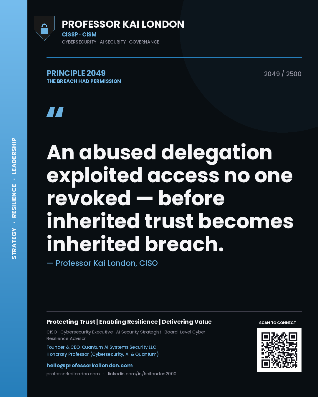 Quote card by Professor Kai London reading 'An abused delegation exploited access no one revoked — before inherited trust becomes inherited breach.'. From the book The Breach Had Permission.