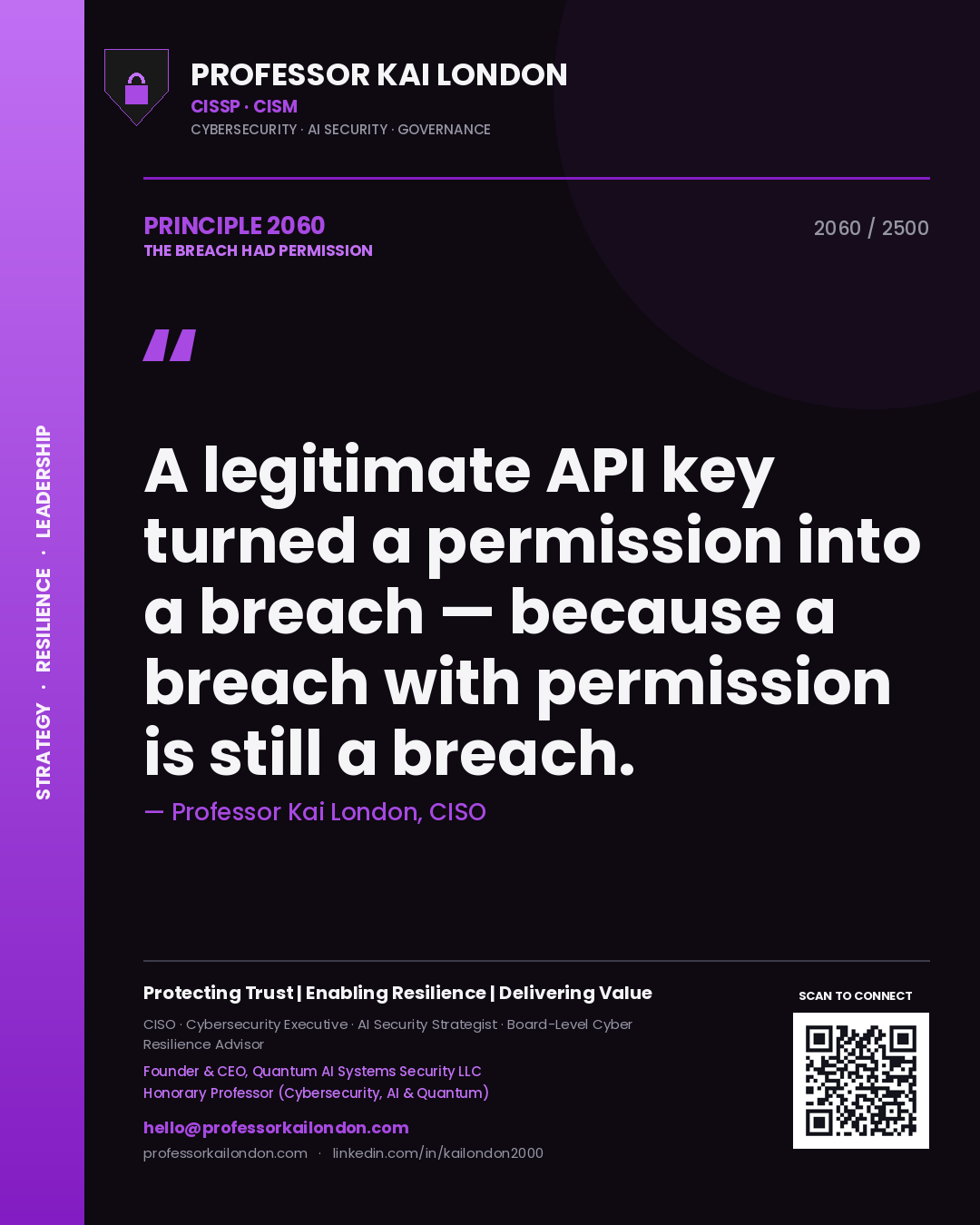 Quote card by Professor Kai London reading 'A legitimate API key turned a permission into a breach — because a breach with permission is still a breach.'. From the book The Breach Had Permission.