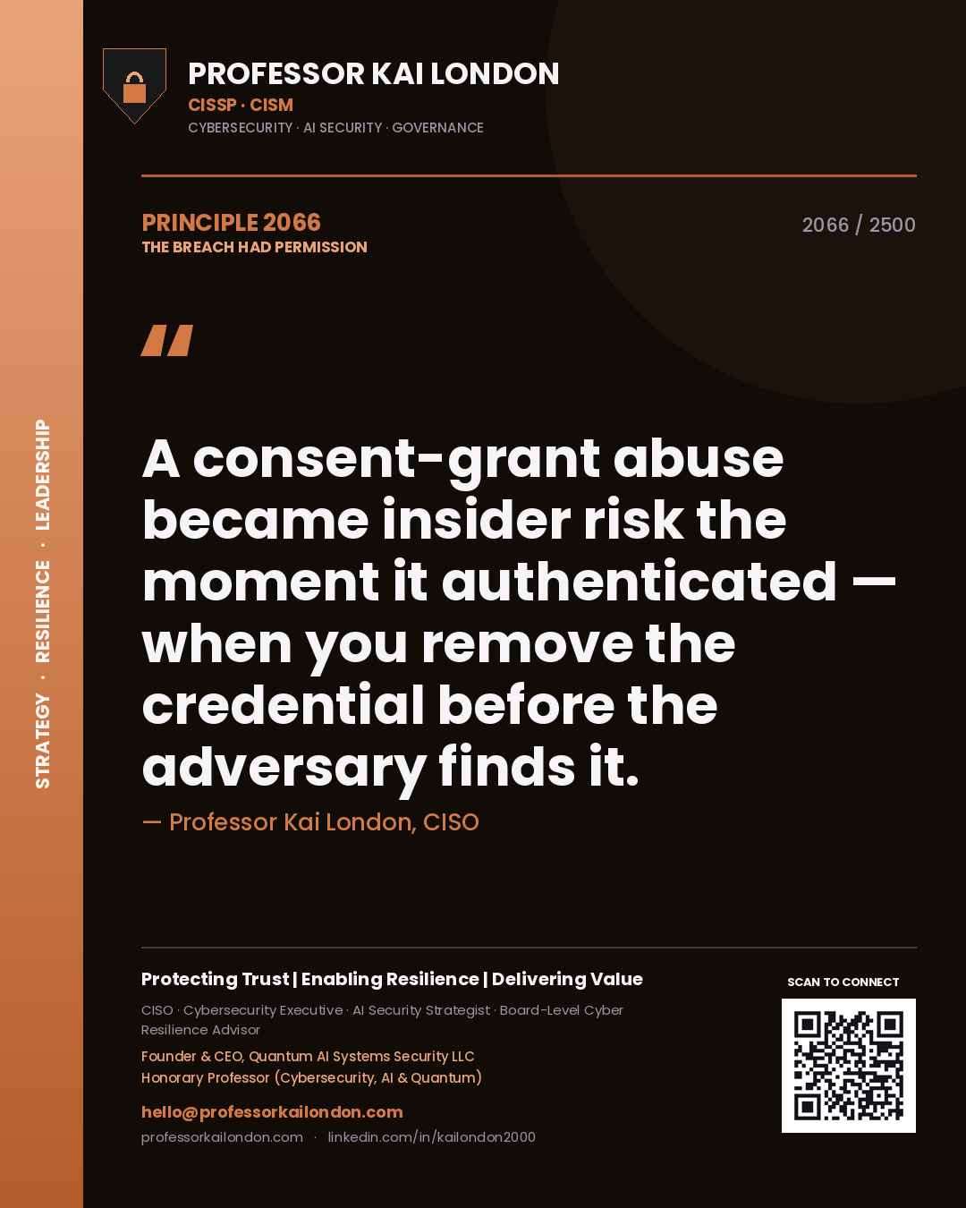 Quote card by Professor Kai London reading 'A consent-grant abuse became insider risk the moment it authenticated — when you remove the credential before the adversary finds it.'. From the book The Breach Had Permission.