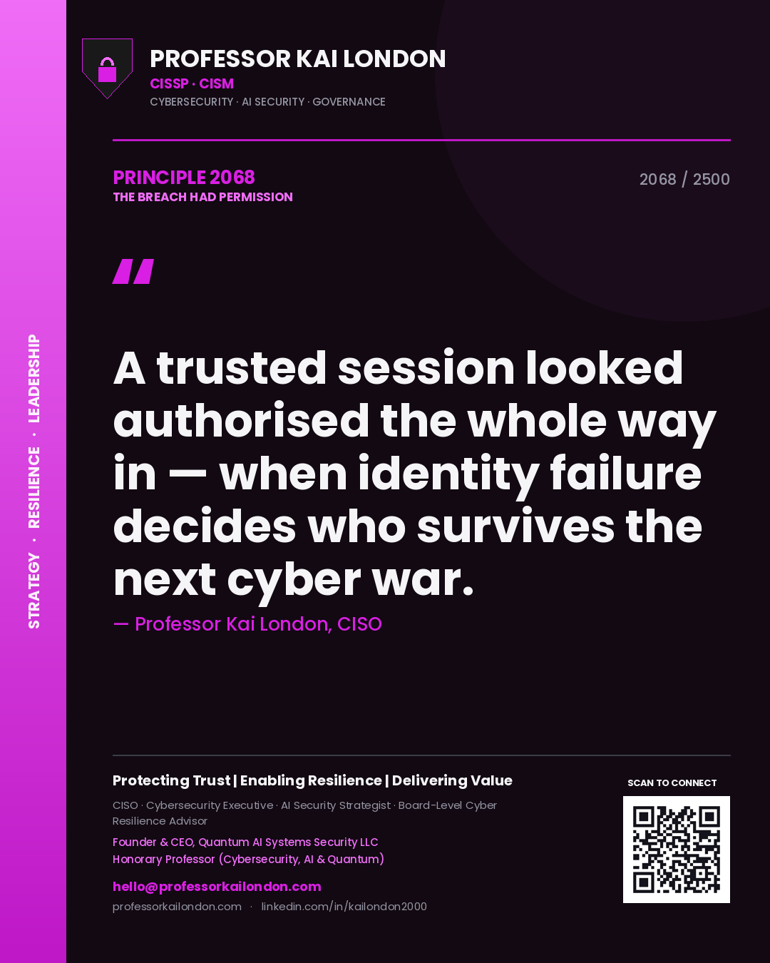 Quote card by Professor Kai London reading 'A trusted session looked authorised the whole way in — when identity failure decides who survives the next cyber war.'. From the book The Breach Had Permission.
