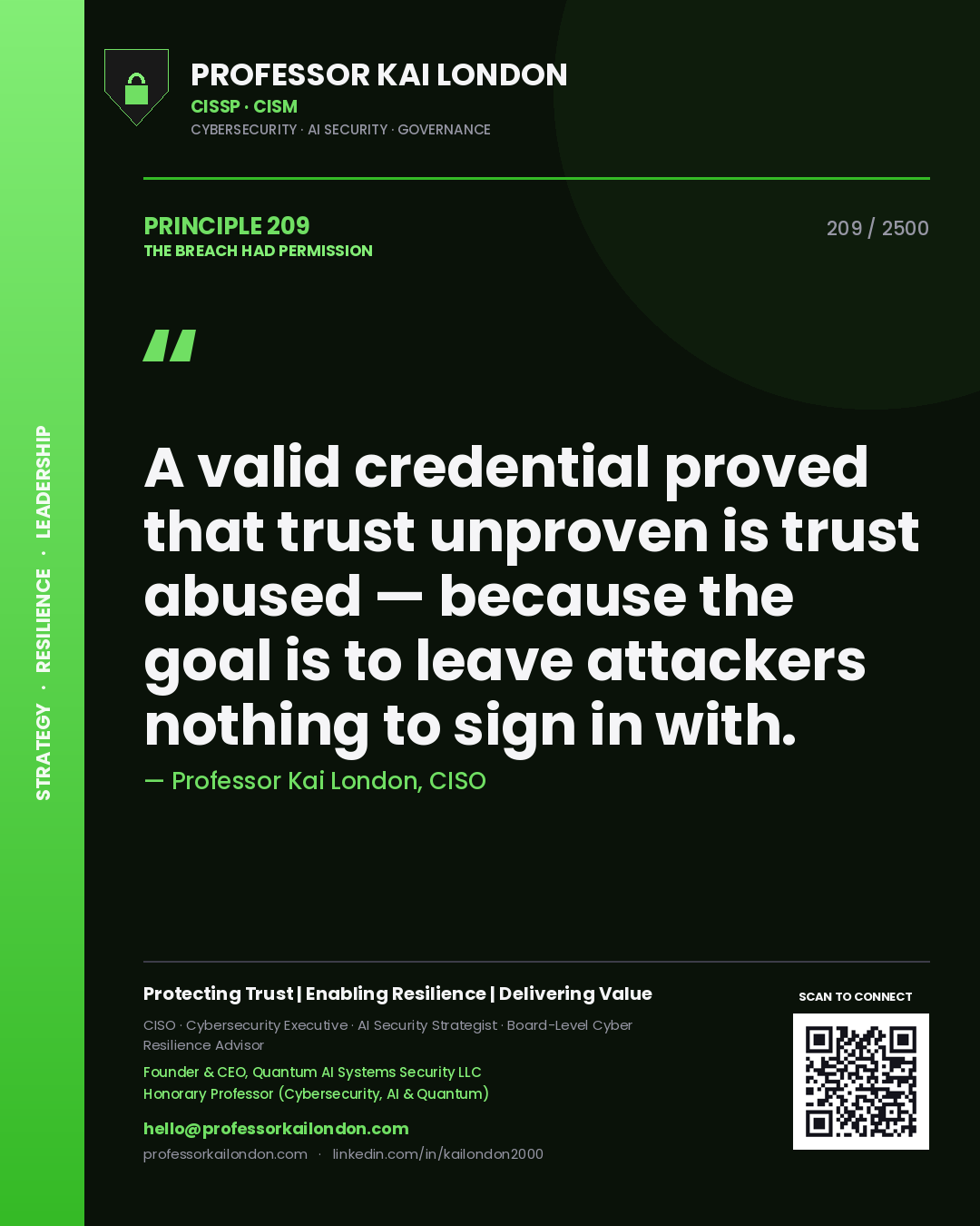 Professor Kai London principle 209: A valid credential proved that trust unproven is trust abused — because the goal is to leave attackers nothing to sign in with.