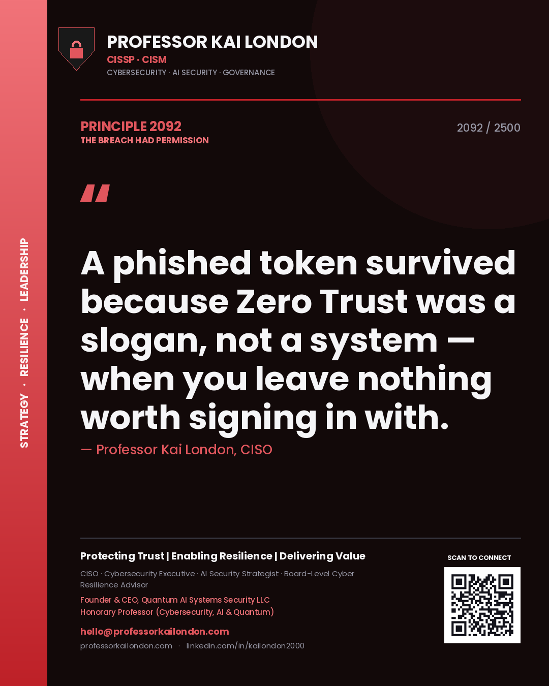 Quote card by Professor Kai London reading 'A phished token survived because Zero Trust was a slogan, not a system — when you leave nothing worth signing in with.'. From the book The Breach Had Permission.