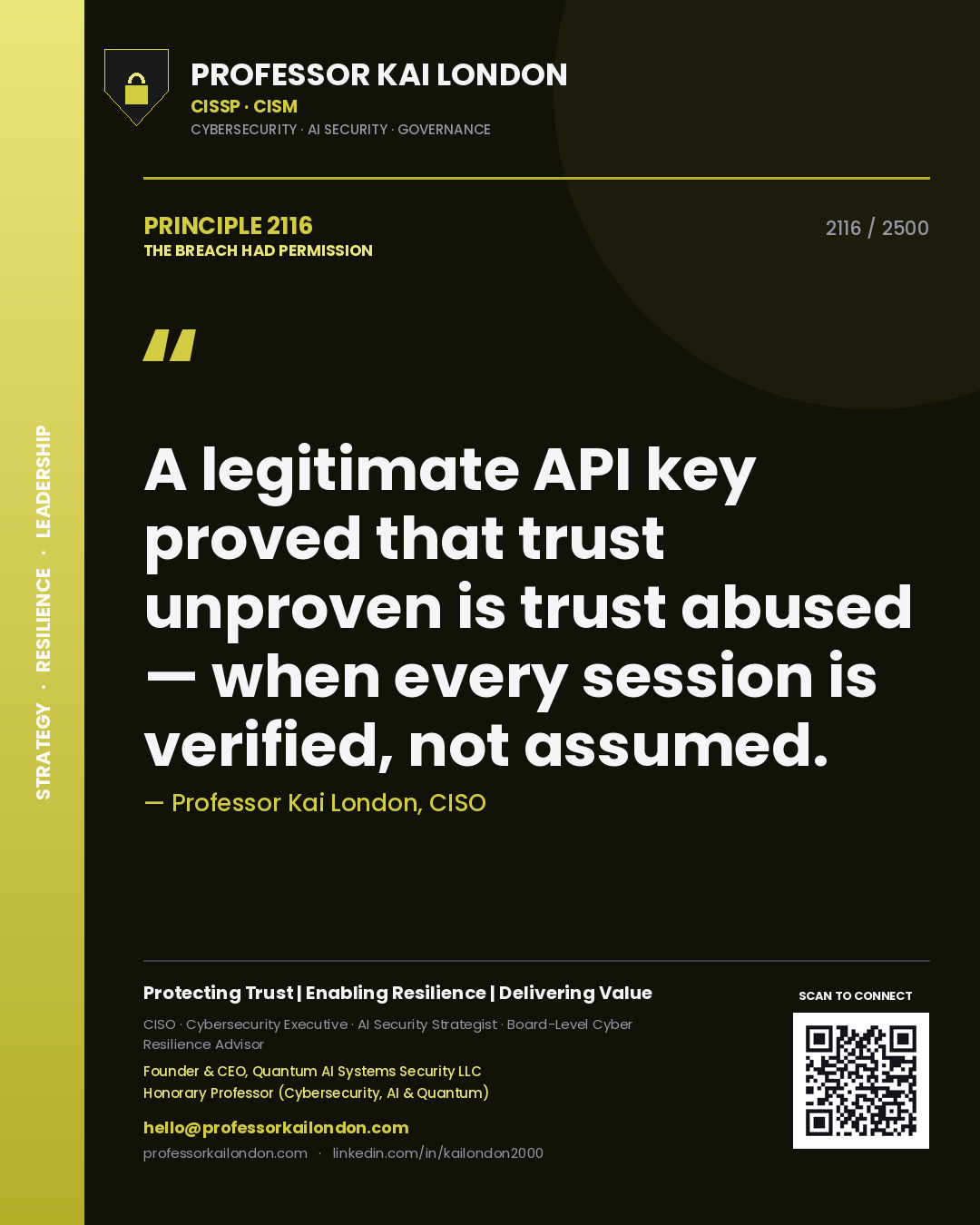 Quote card by Professor Kai London reading 'A legitimate API key proved that trust unproven is trust abused — when every session is verified, not assumed.'. From the book The Breach Had Permission.