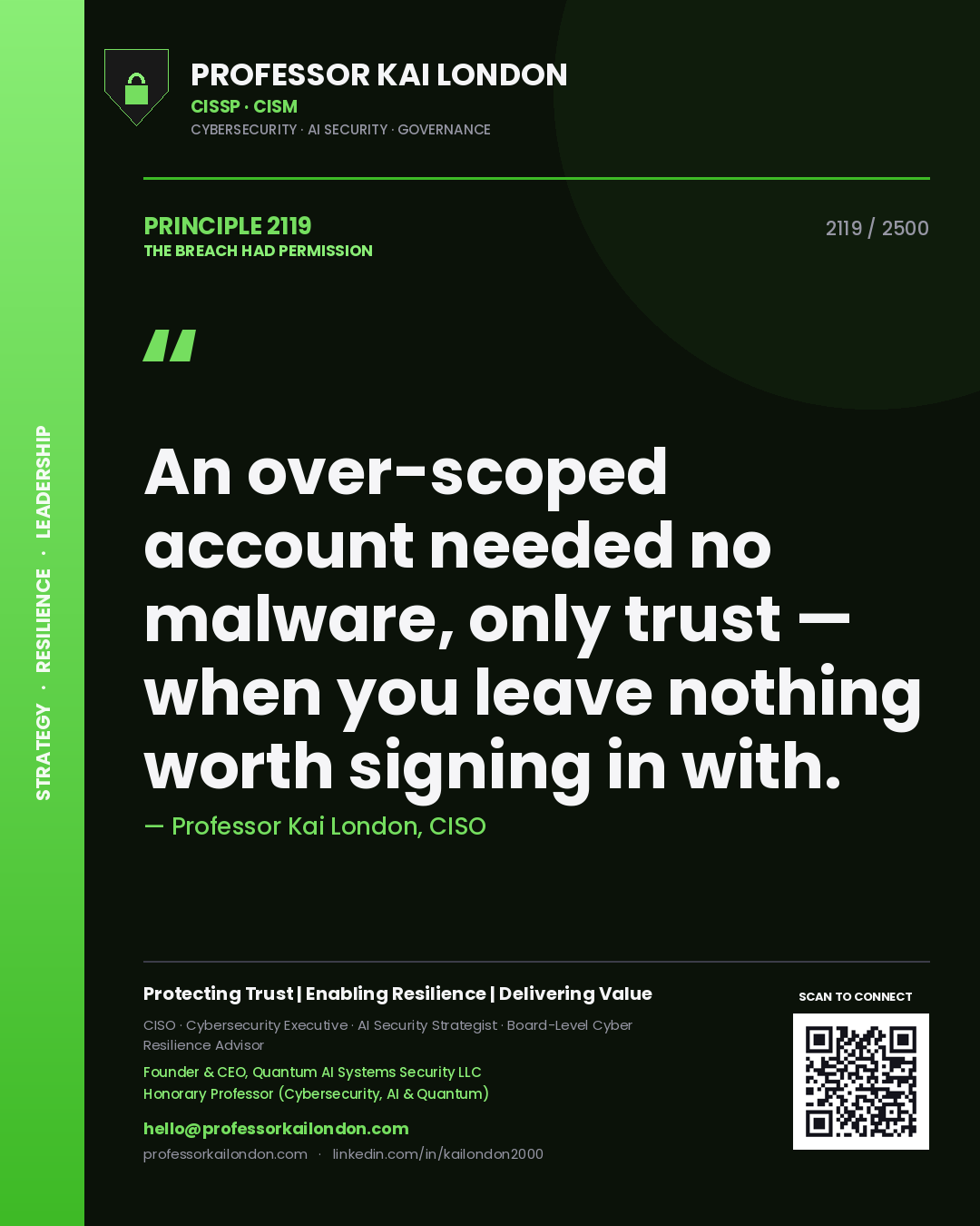 Quote card by Professor Kai London reading 'An over-scoped account needed no malware, only trust — when you leave nothing worth signing in with.'. From the book The Breach Had Permission.