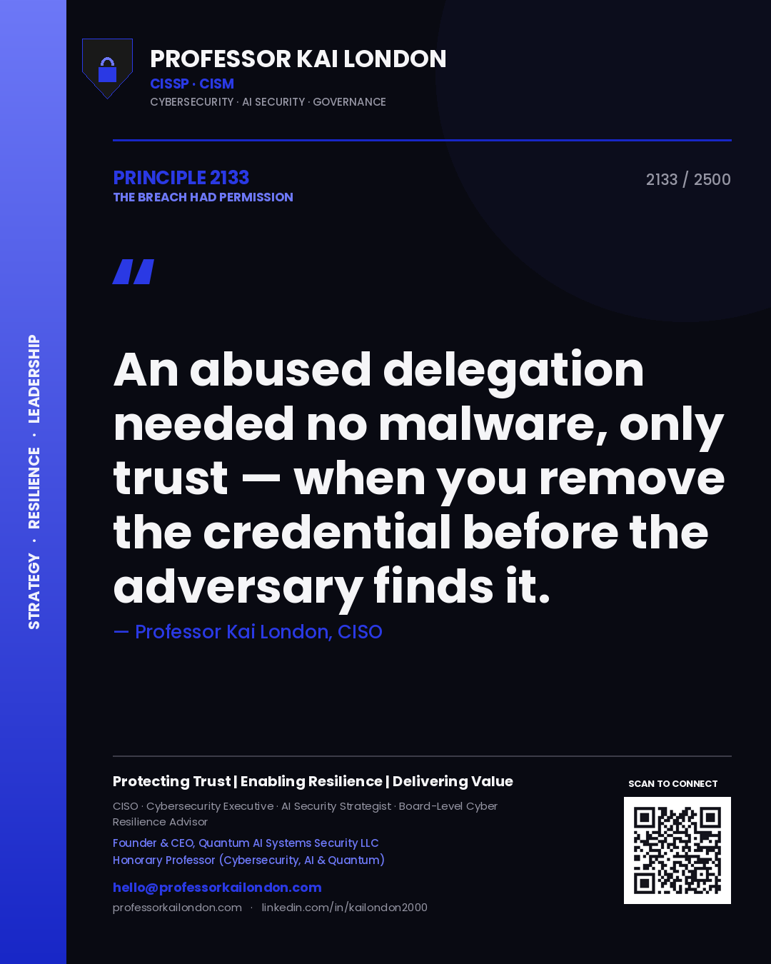 Professor Kai London principle 2133: An abused delegation needed no malware, only trust — when you remove the credential before the adversary finds it.