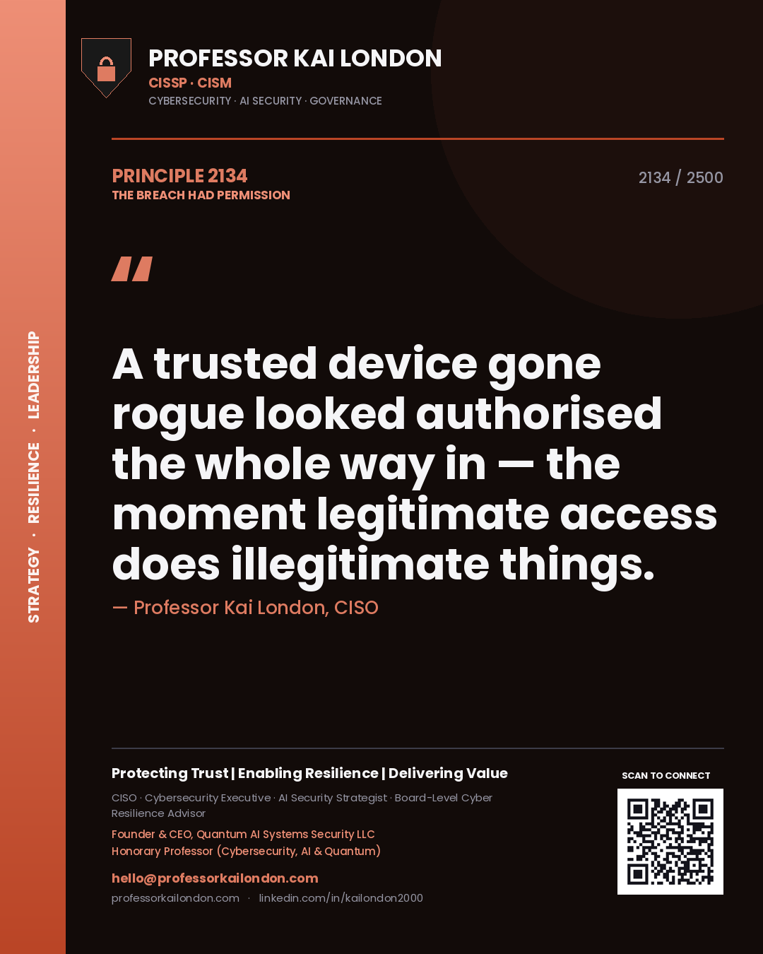 Professor Kai London principle 2134: A trusted device gone rogue looked authorised the whole way in — the moment legitimate access does illegitimate things.
