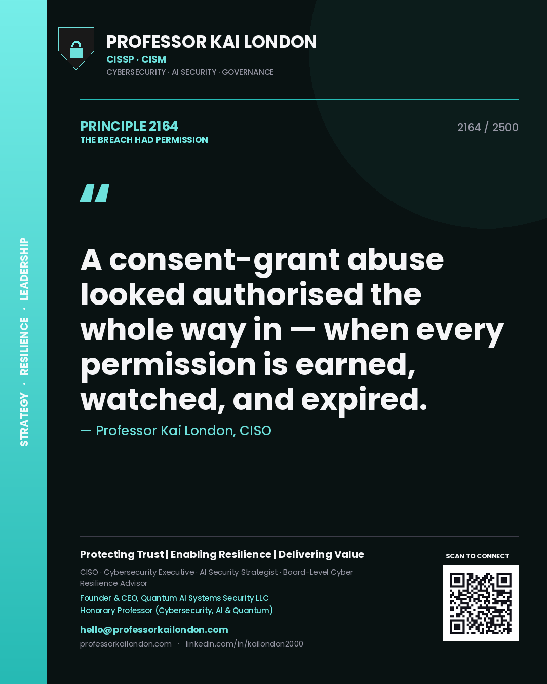 Quote card by Professor Kai London reading 'A consent-grant abuse looked authorised the whole way in — when every permission is earned, watched, and expired.'. From the book The Breach Had Permission.