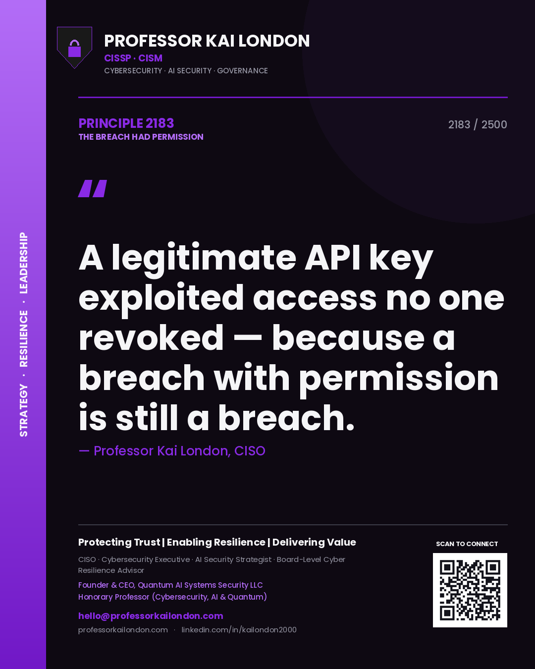 Professor Kai London principle 2183: A legitimate API key exploited access no one revoked — because a breach with permission is still a breach.