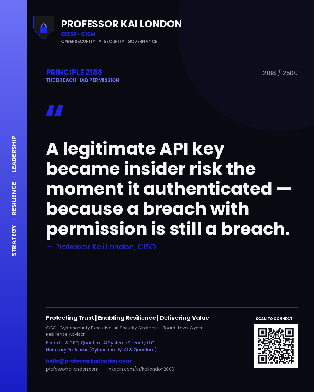 Quote card by Professor Kai London reading 'A legitimate API key became insider risk the moment it authenticated — because a breach with permission is still a breach.'. From the book The Breach Had Permission.