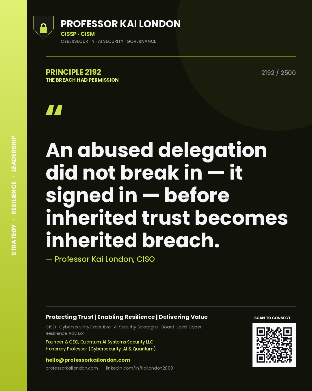 Quote card by Professor Kai London reading 'An abused delegation did not break in — it signed in — before inherited trust becomes inherited breach.'. From the book The Breach Had Permission.