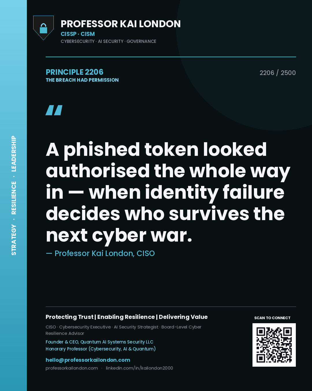 Professor Kai London principle 2206: A phished token looked authorised the whole way in — when identity failure decides who survives the next cyber war.