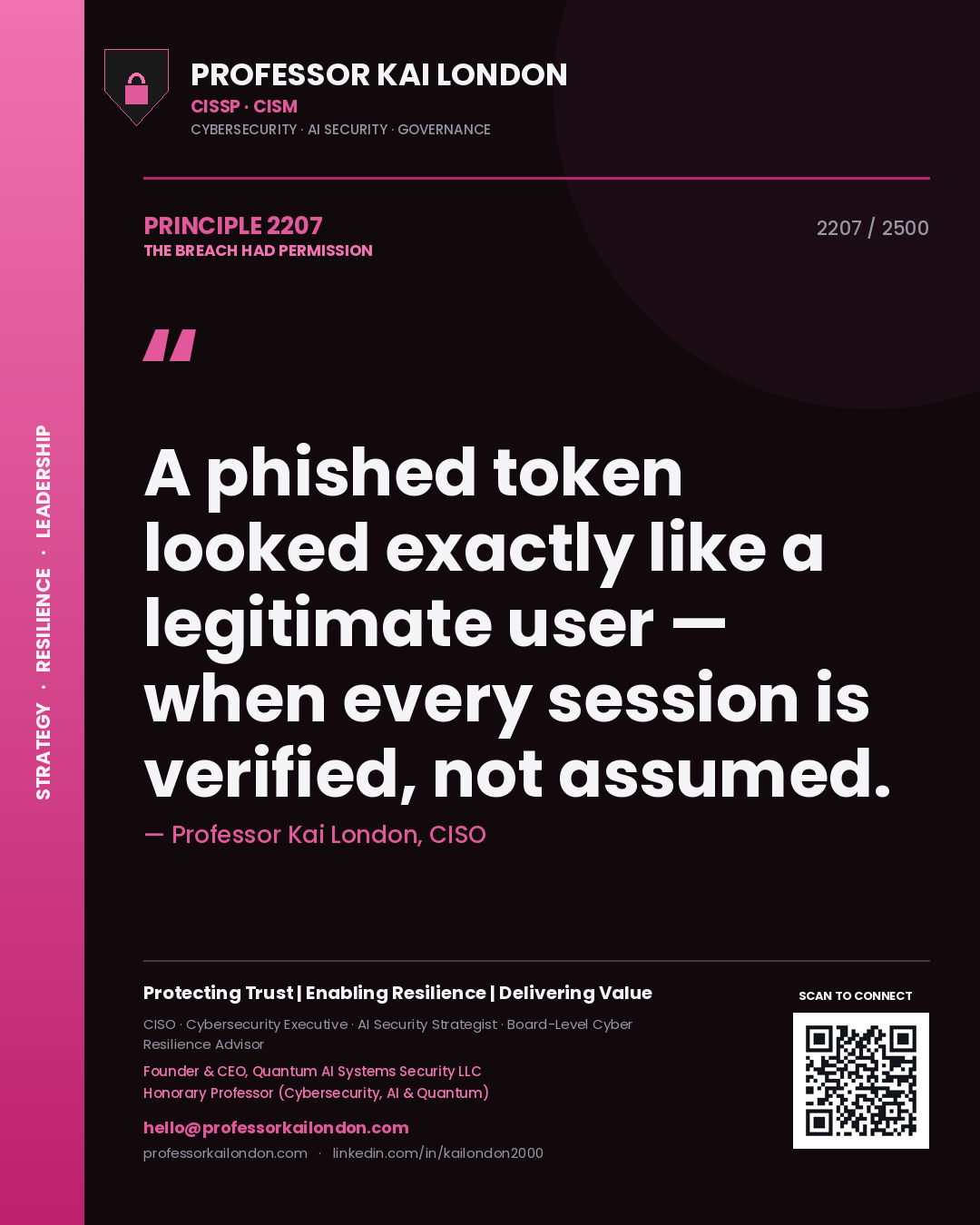 Professor Kai London principle 2207: A phished token looked exactly like a legitimate user — when every session is verified, not assumed.