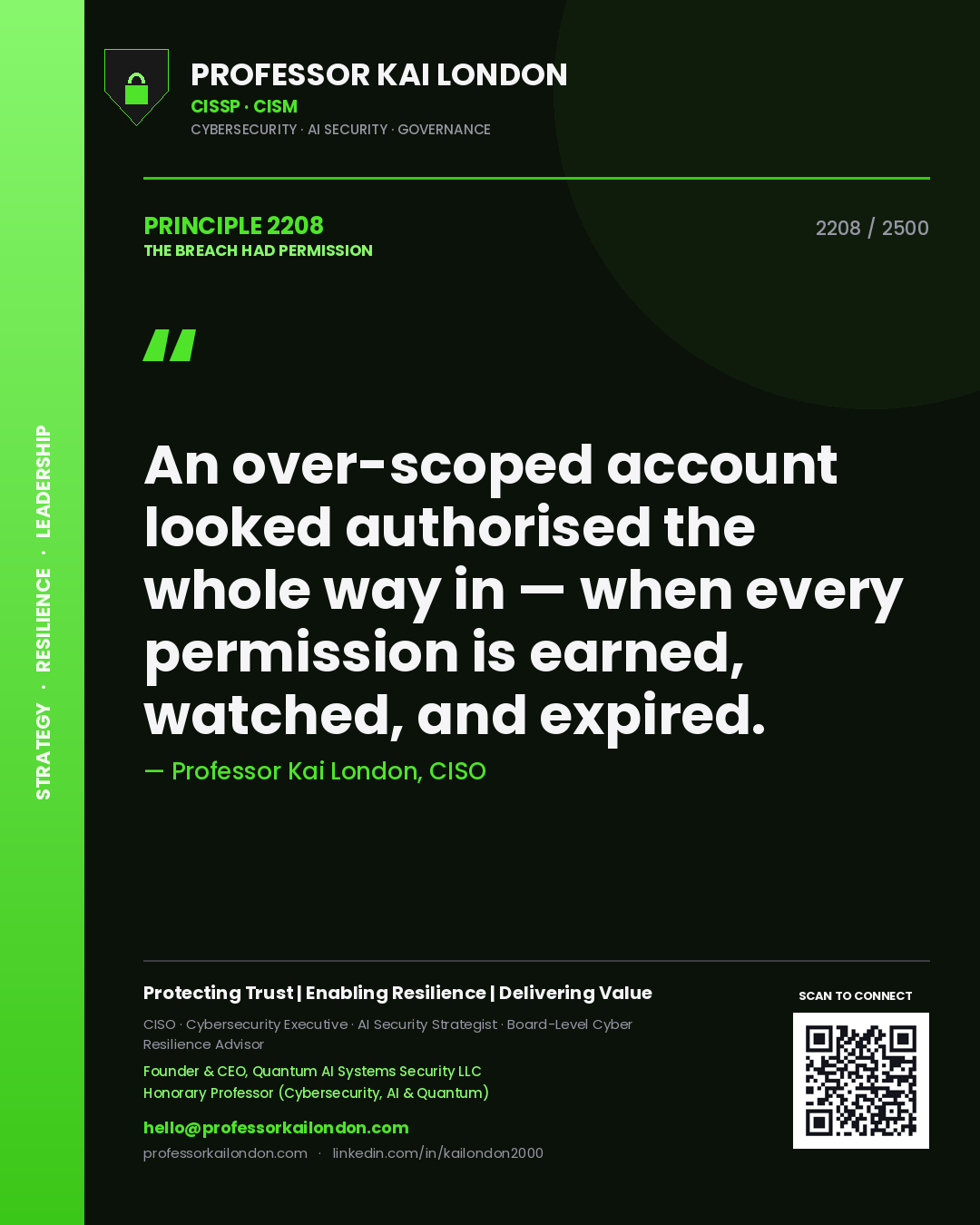 Professor Kai London principle 2208: An over-scoped account looked authorised the whole way in — when every permission is earned, watched, and expired.