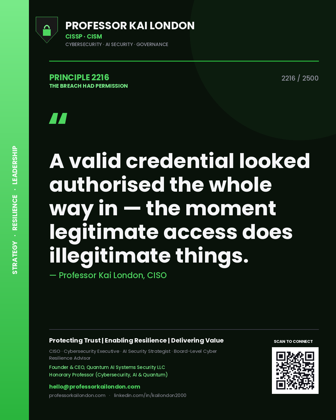Quote card by Professor Kai London reading 'A valid credential looked authorised the whole way in — the moment legitimate access does illegitimate things.'. From the book The Breach Had Permission.
