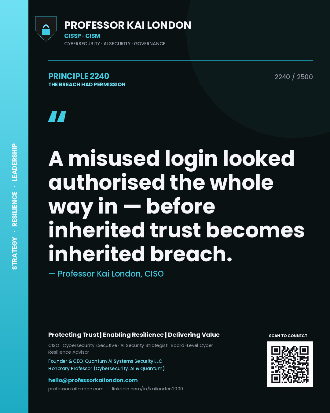 Professor Kai London principle 2240: A misused login looked authorised the whole way in — before inherited trust becomes inherited breach.