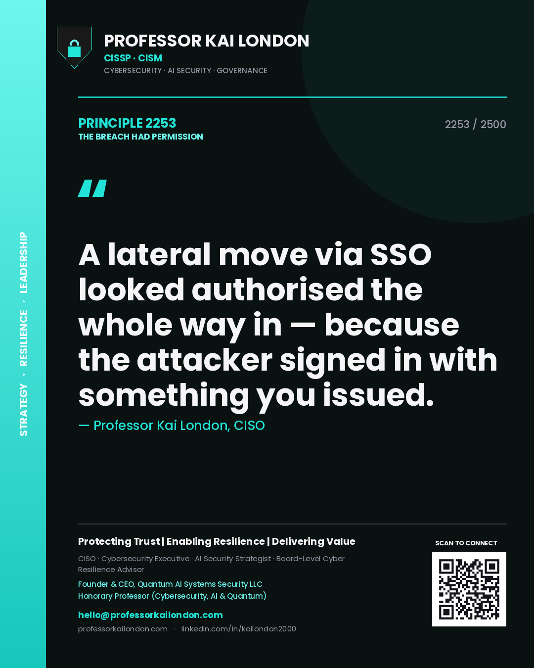 Quote card by Professor Kai London reading 'A lateral move via SSO looked authorised the whole way in — because the attacker signed in with something you issued.'. From the book The Breach Had Permission.