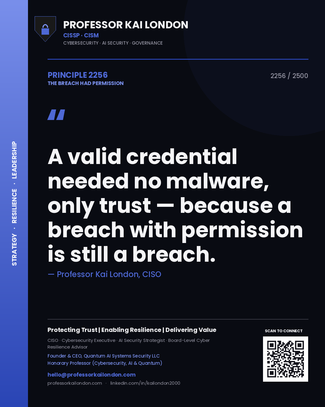 Professor Kai London principle 2256: A valid credential needed no malware, only trust — because a breach with permission is still a breach.