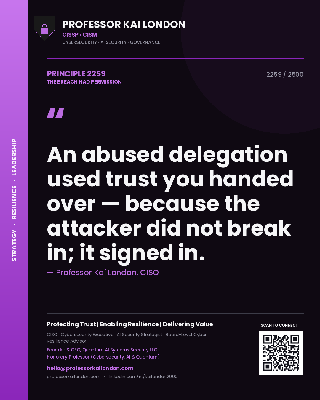 Professor Kai London principle 2259: An abused delegation used trust you handed over — because the attacker did not break in; it signed in.