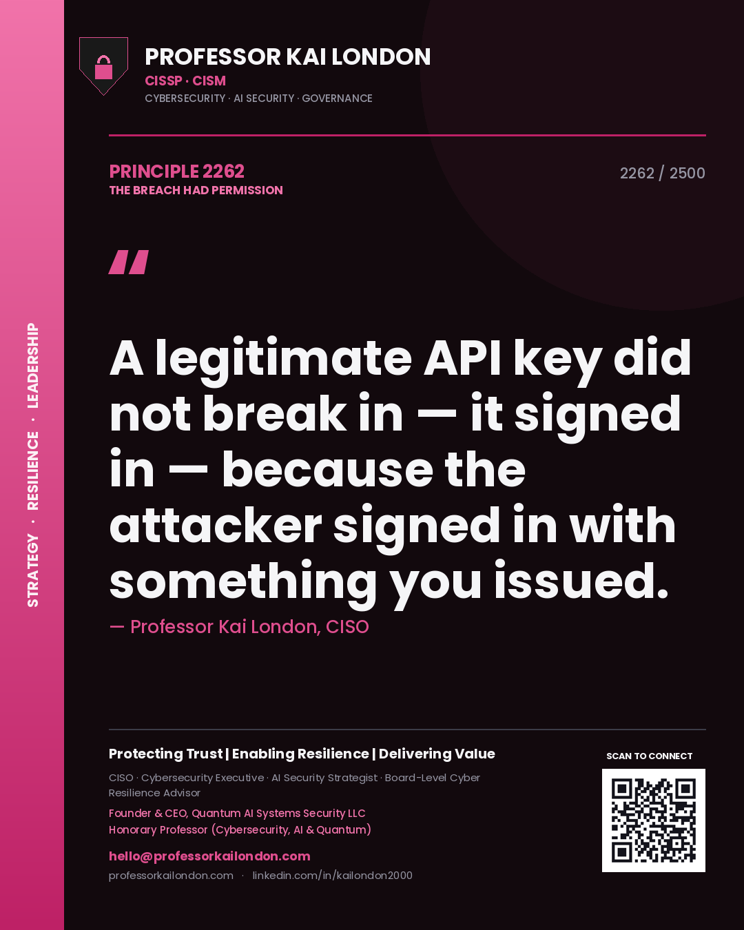 Professor Kai London principle 2262: A legitimate API key did not break in — it signed in — because the attacker signed in with something you issued.