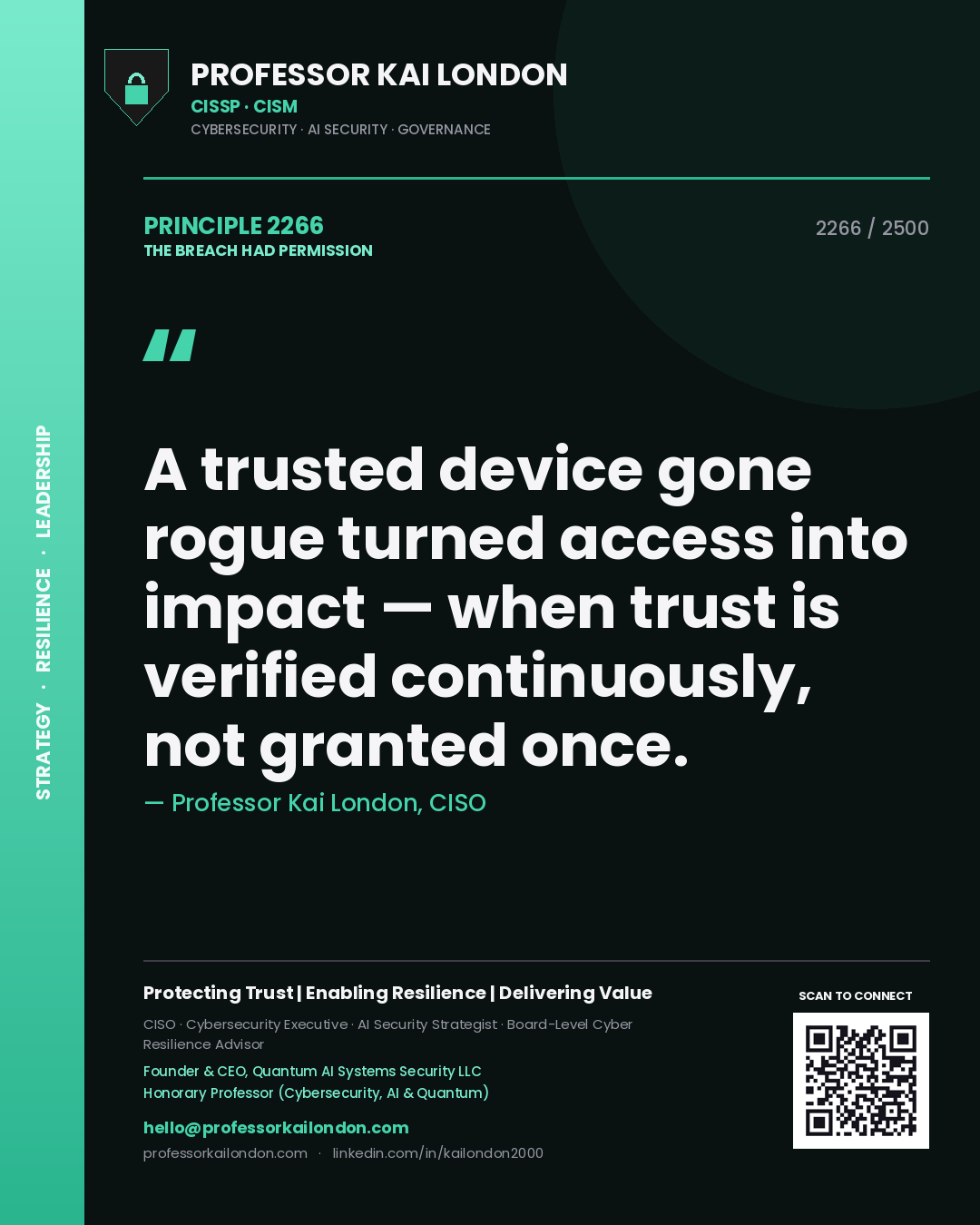 Professor Kai London principle 2266: A trusted device gone rogue turned access into impact — when trust is verified continuously, not granted once.