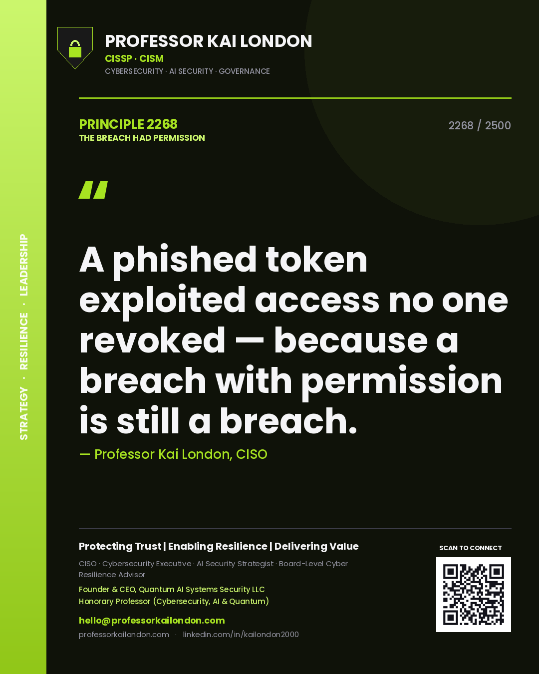 Quote card by Professor Kai London reading 'A phished token exploited access no one revoked — because a breach with permission is still a breach.'. From the book The Breach Had Permission.