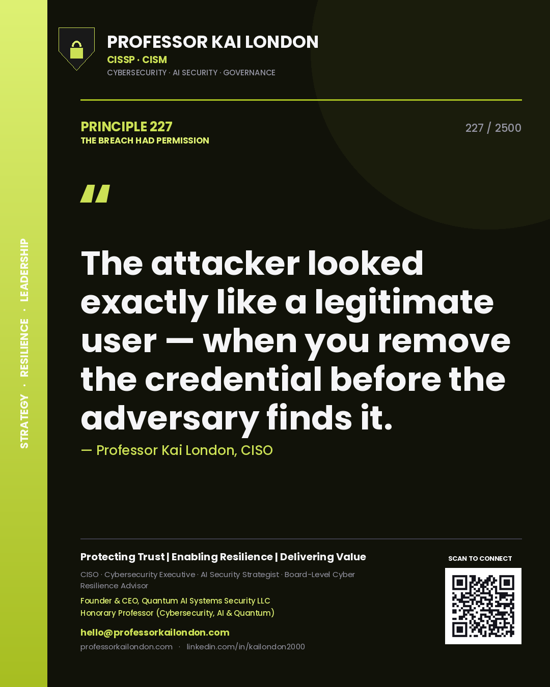 Quote card by Professor Kai London reading 'The attacker looked exactly like a legitimate user — when you remove the credential before the adversary finds it.'. From the book The Breach Had Permission.