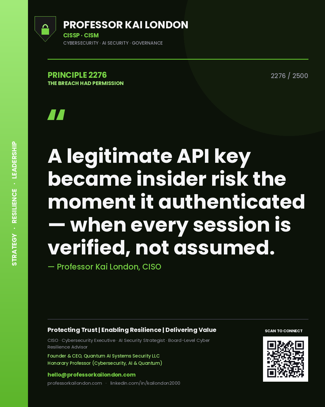 Professor Kai London principle 2276: A legitimate API key became insider risk the moment it authenticated — when every session is verified, not assumed.