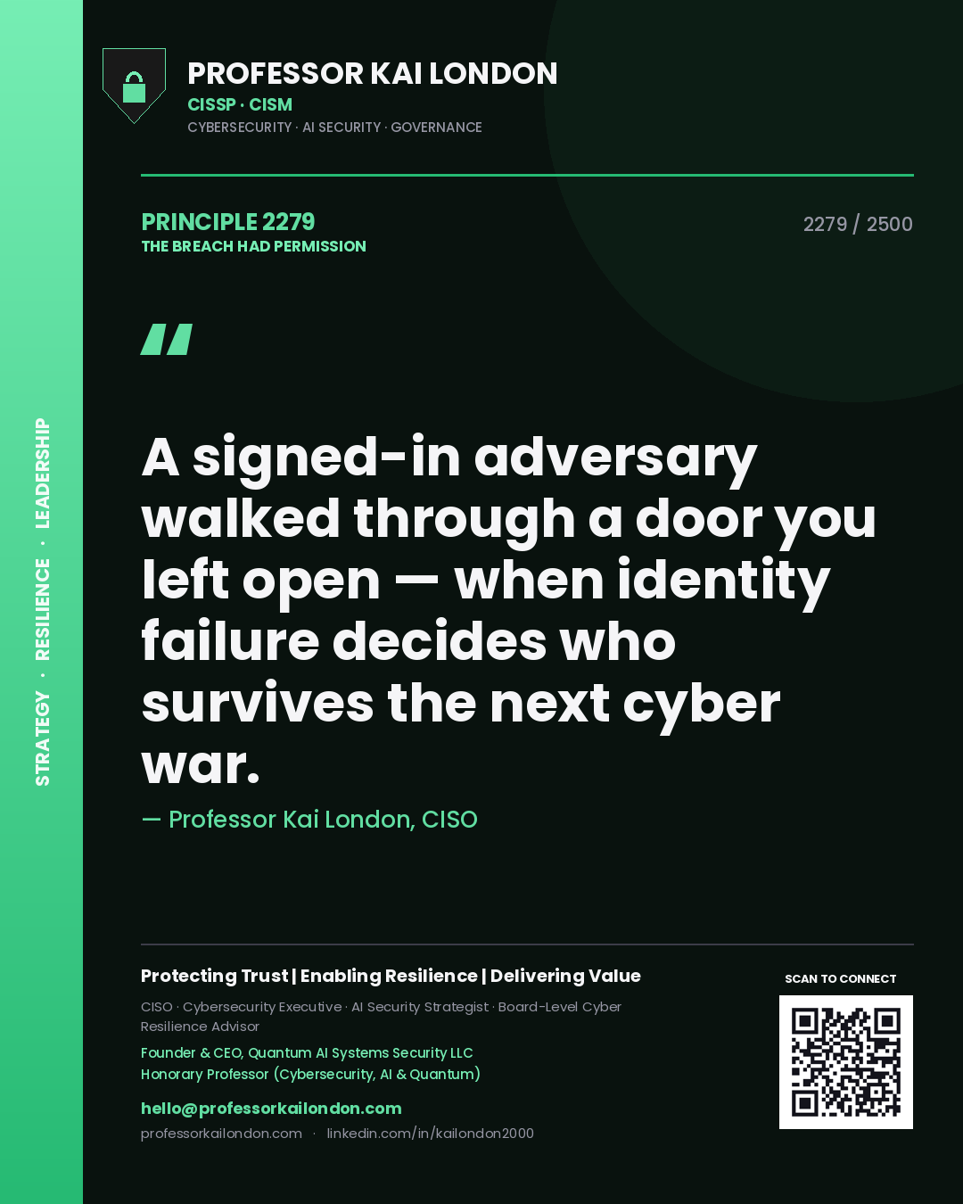 Professor Kai London principle 2279: A signed-in adversary walked through a door you left open — when identity failure decides who survives the next cyber war.