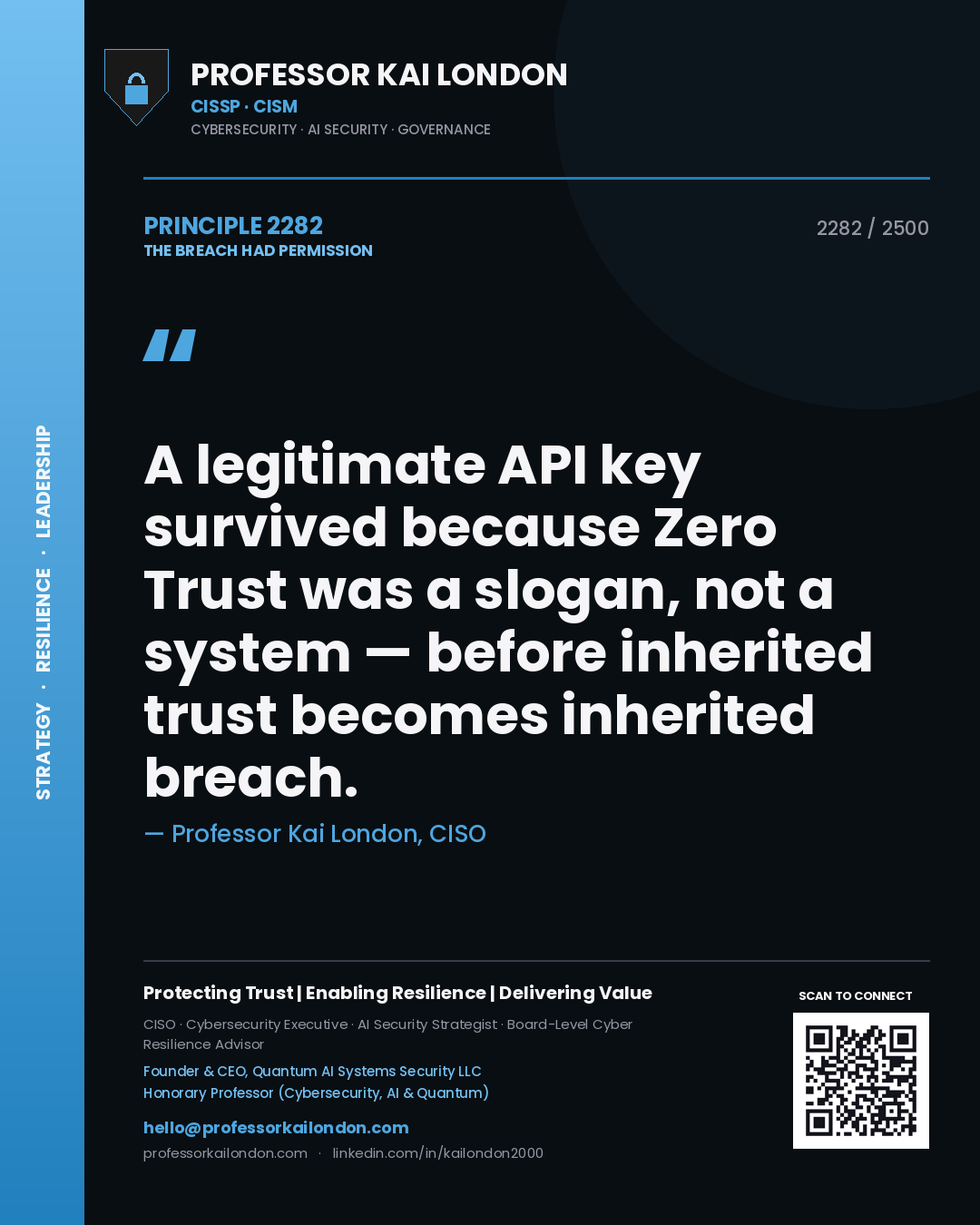 Professor Kai London principle 2282: A legitimate API key survived because Zero Trust was a slogan, not a system — before inherited trust becomes inherited breach.