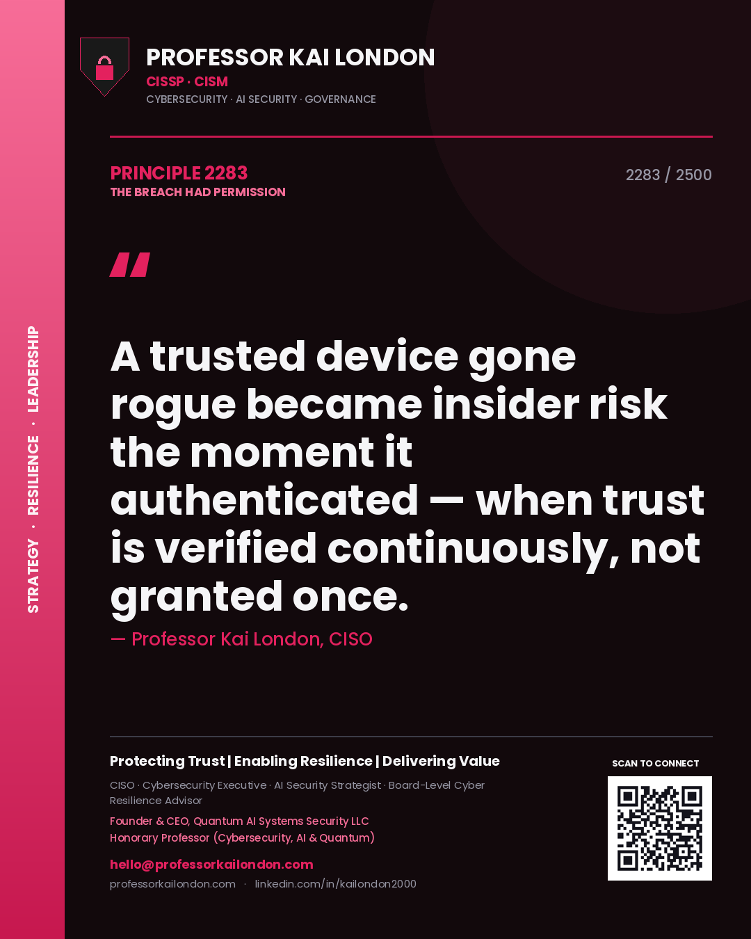 Professor Kai London principle 2283: A trusted device gone rogue became insider risk the moment it authenticated — when trust is verified continuously, not granted once.