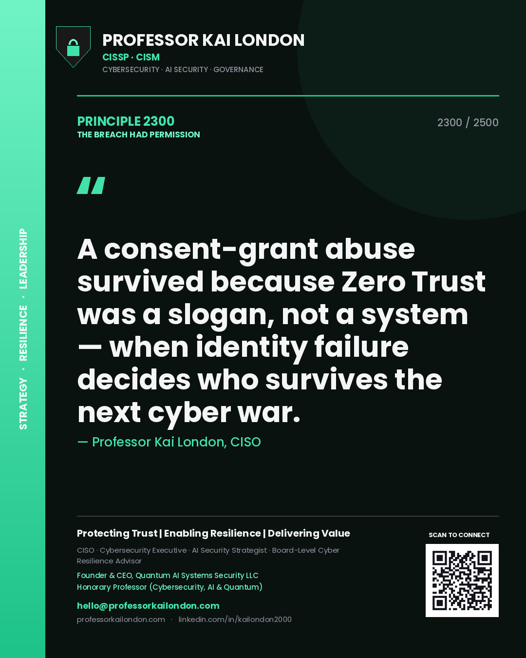 Professor Kai London principle 2300: A consent-grant abuse survived because Zero Trust was a slogan, not a system — when identity failure decides who survives the next cyber war.