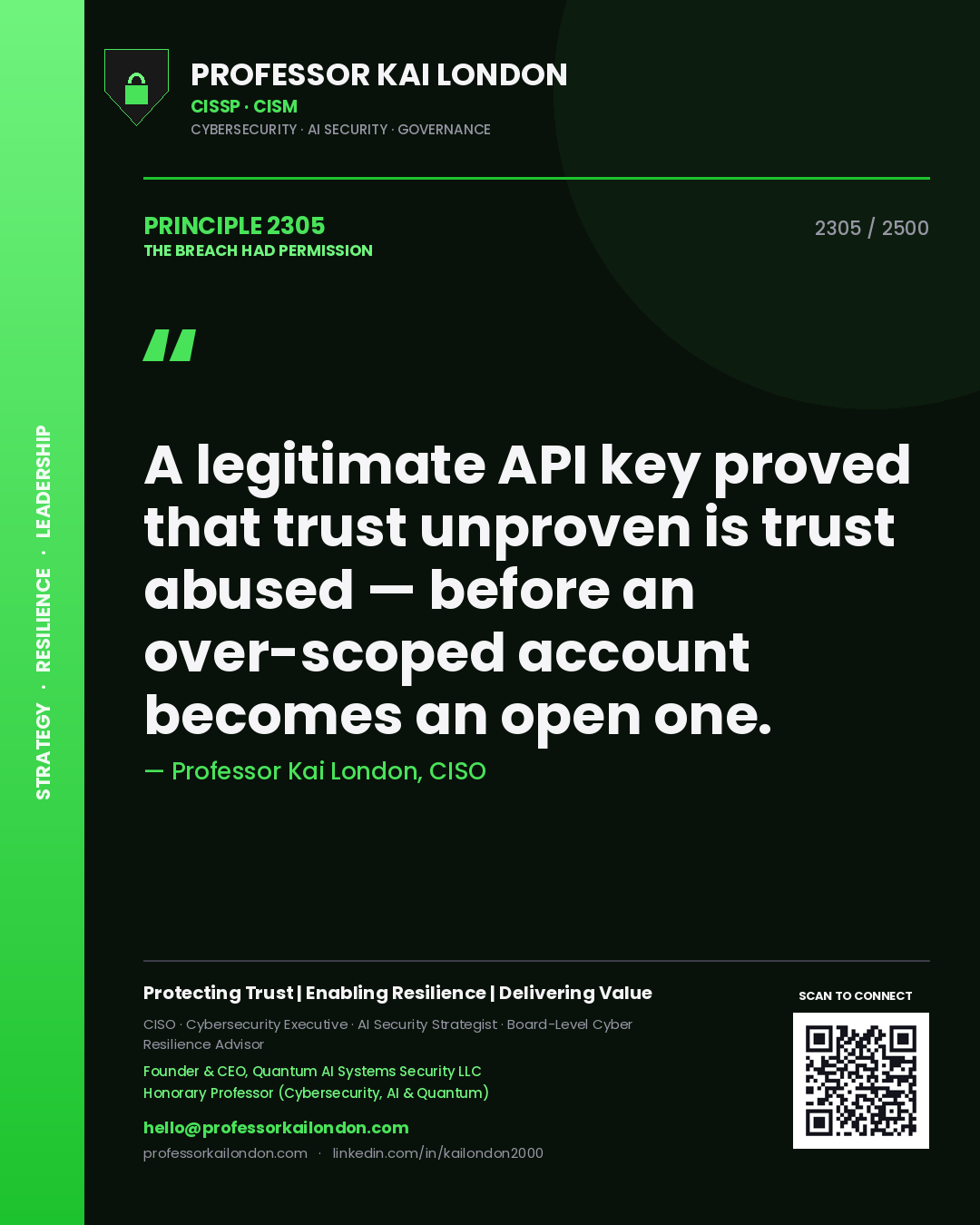 Professor Kai London principle 2305: A legitimate API key proved that trust unproven is trust abused — before an over-scoped account becomes an open one.