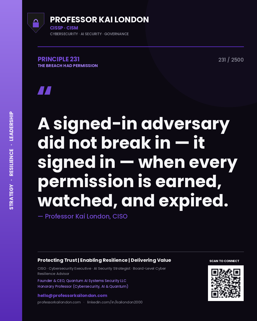 Professor Kai London principle 231: A signed-in adversary did not break in — it signed in — when every permission is earned, watched, and expired.