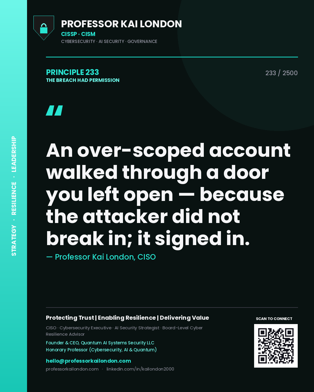 Quote card by Professor Kai London reading 'An over-scoped account walked through a door you left open — because the attacker did not break in; it signed in.'. From the book The Breach Had Permission.