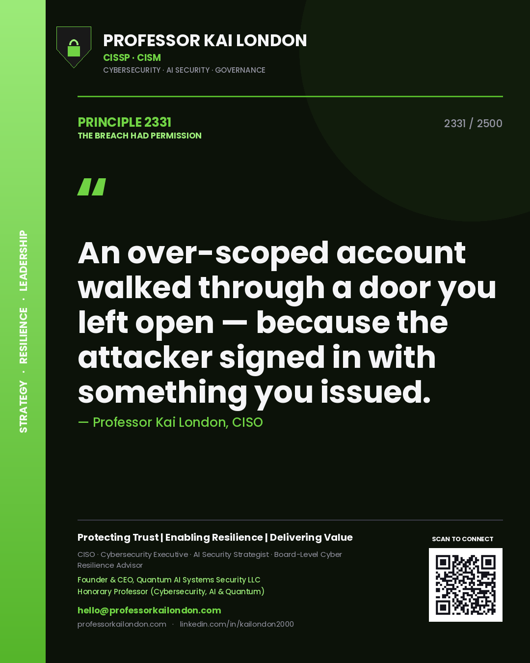 Professor Kai London principle 2331: An over-scoped account walked through a door you left open — because the attacker signed in with something you issued.
