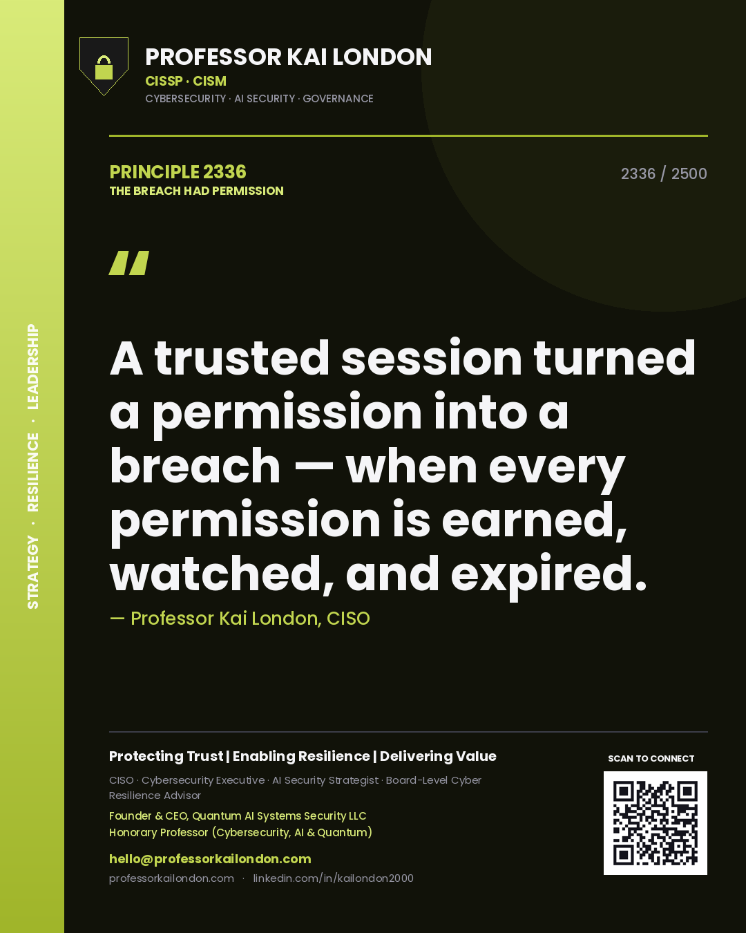 Professor Kai London principle 2336: A trusted session turned a permission into a breach — when every permission is earned, watched, and expired.
