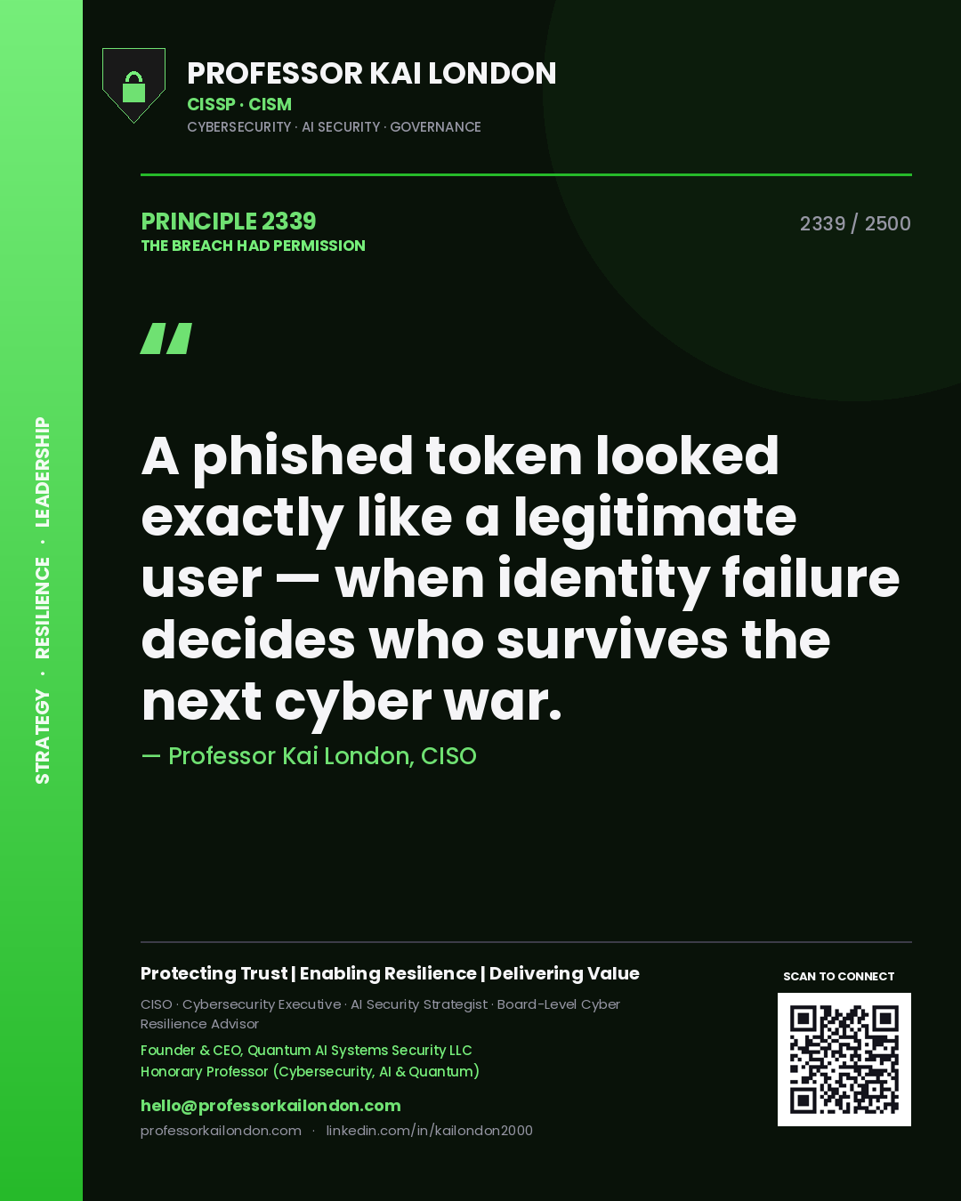 Quote card by Professor Kai London reading 'A phished token looked exactly like a legitimate user — when identity failure decides who survives the next cyber war.'. From the book The Breach Had Permission.