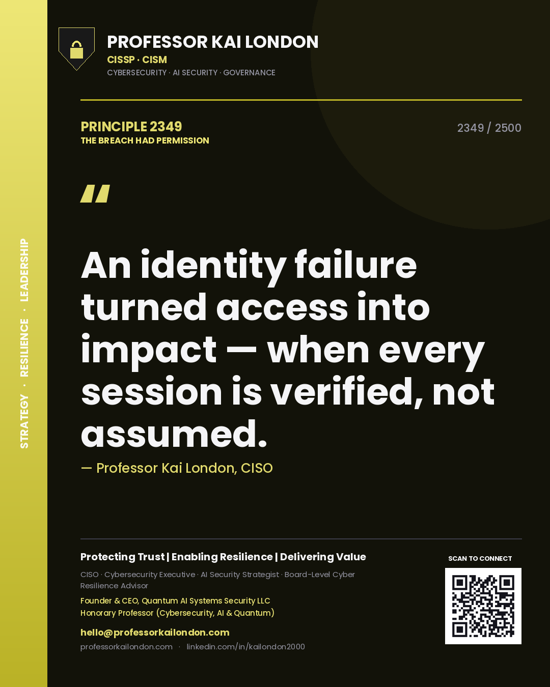 Quote card by Professor Kai London reading 'An identity failure turned access into impact — when every session is verified, not assumed.'. From the book The Breach Had Permission.