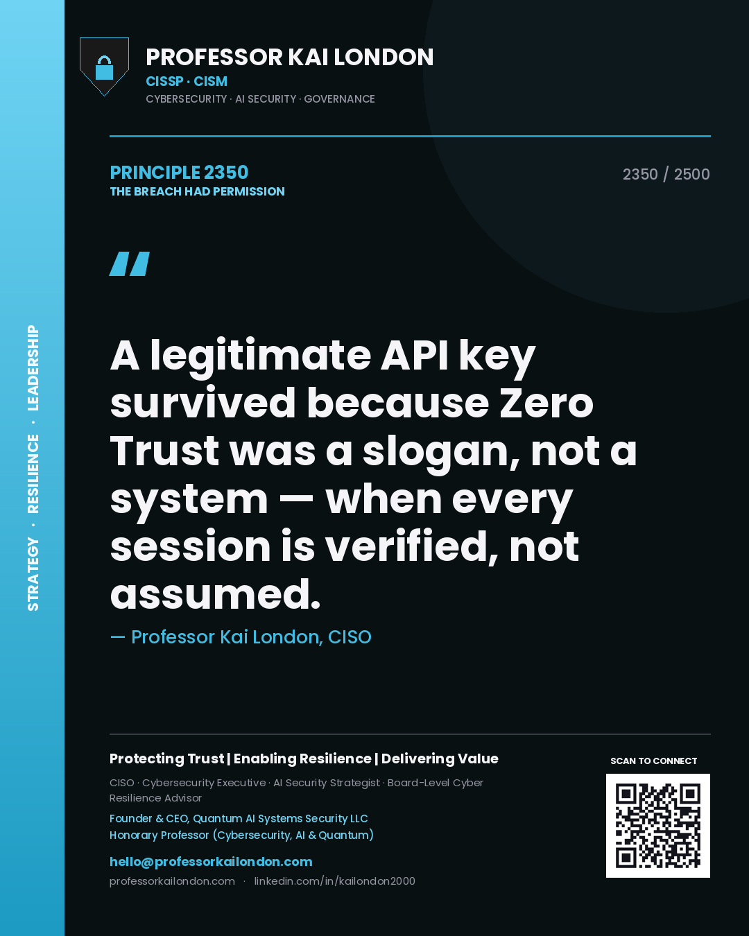 Professor Kai London principle 2350: A legitimate API key survived because Zero Trust was a slogan, not a system — when every session is verified, not assumed.