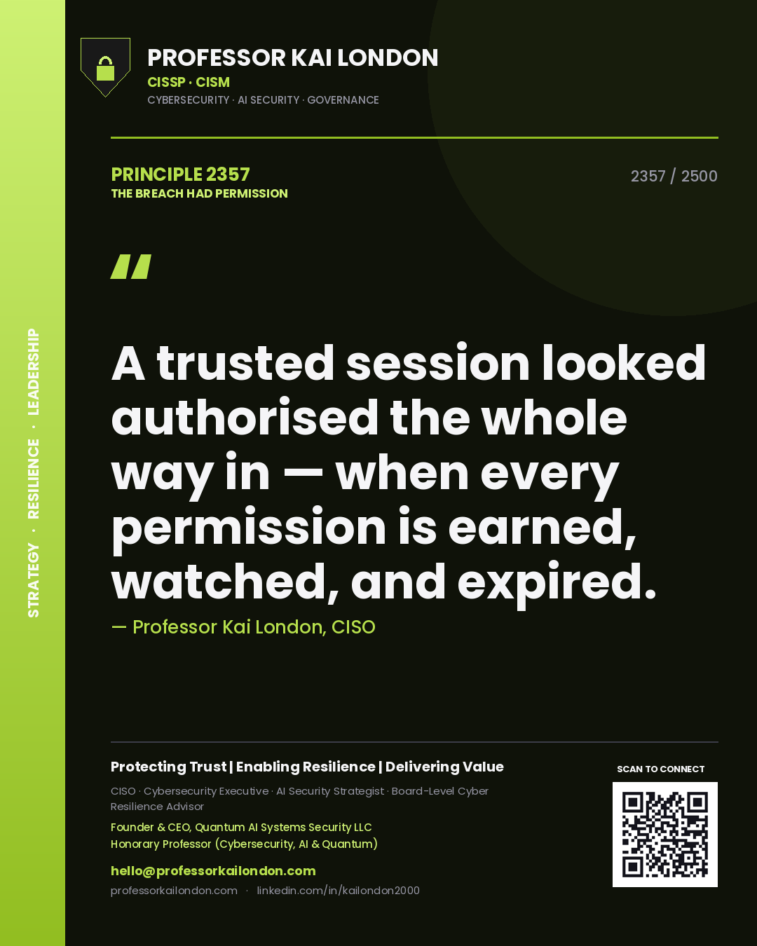 Professor Kai London principle 2357: A trusted session looked authorised the whole way in — when every permission is earned, watched, and expired.