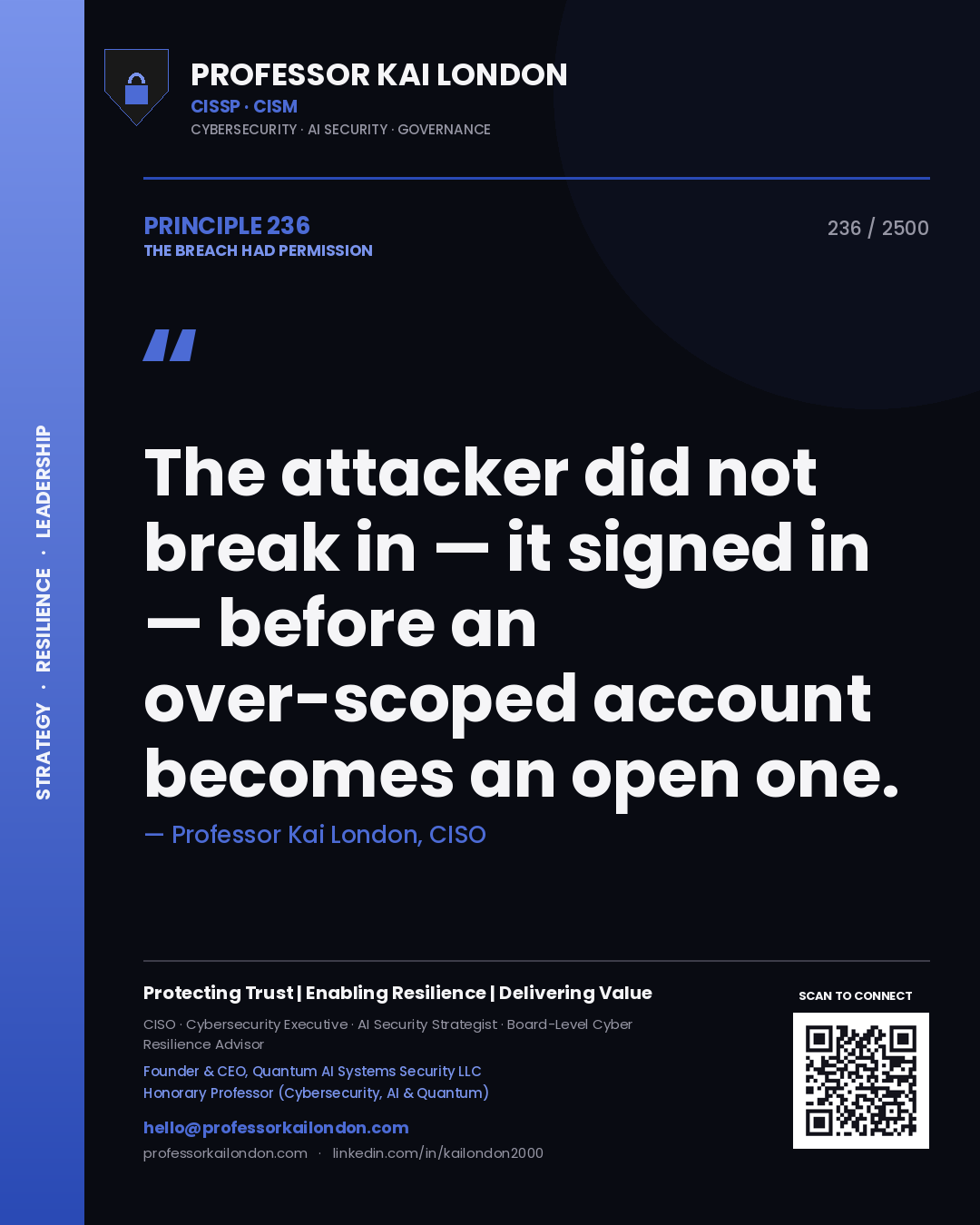 Professor Kai London principle 236: The attacker did not break in — it signed in — before an over-scoped account becomes an open one.