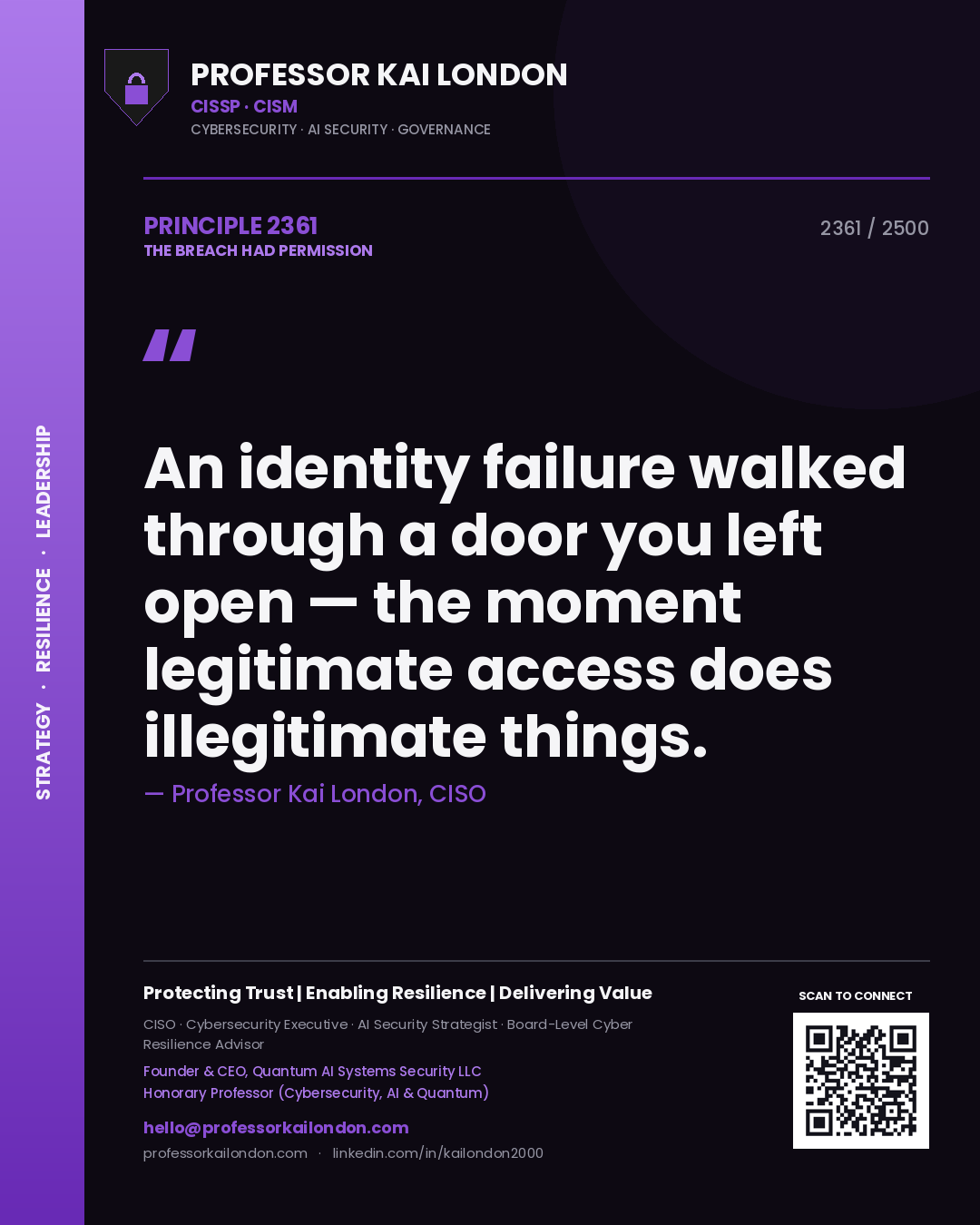 Professor Kai London principle 2361: An identity failure walked through a door you left open — the moment legitimate access does illegitimate things.