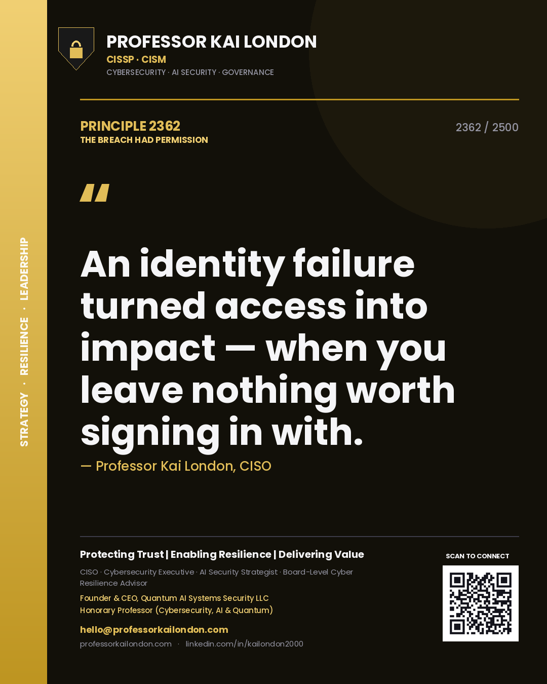 Professor Kai London principle 2362: An identity failure turned access into impact — when you leave nothing worth signing in with.