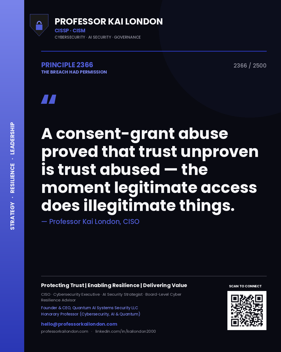 Quote card by Professor Kai London reading 'A consent-grant abuse proved that trust unproven is trust abused — the moment legitimate access does illegitimate things.'. From the book The Breach Had Permission.