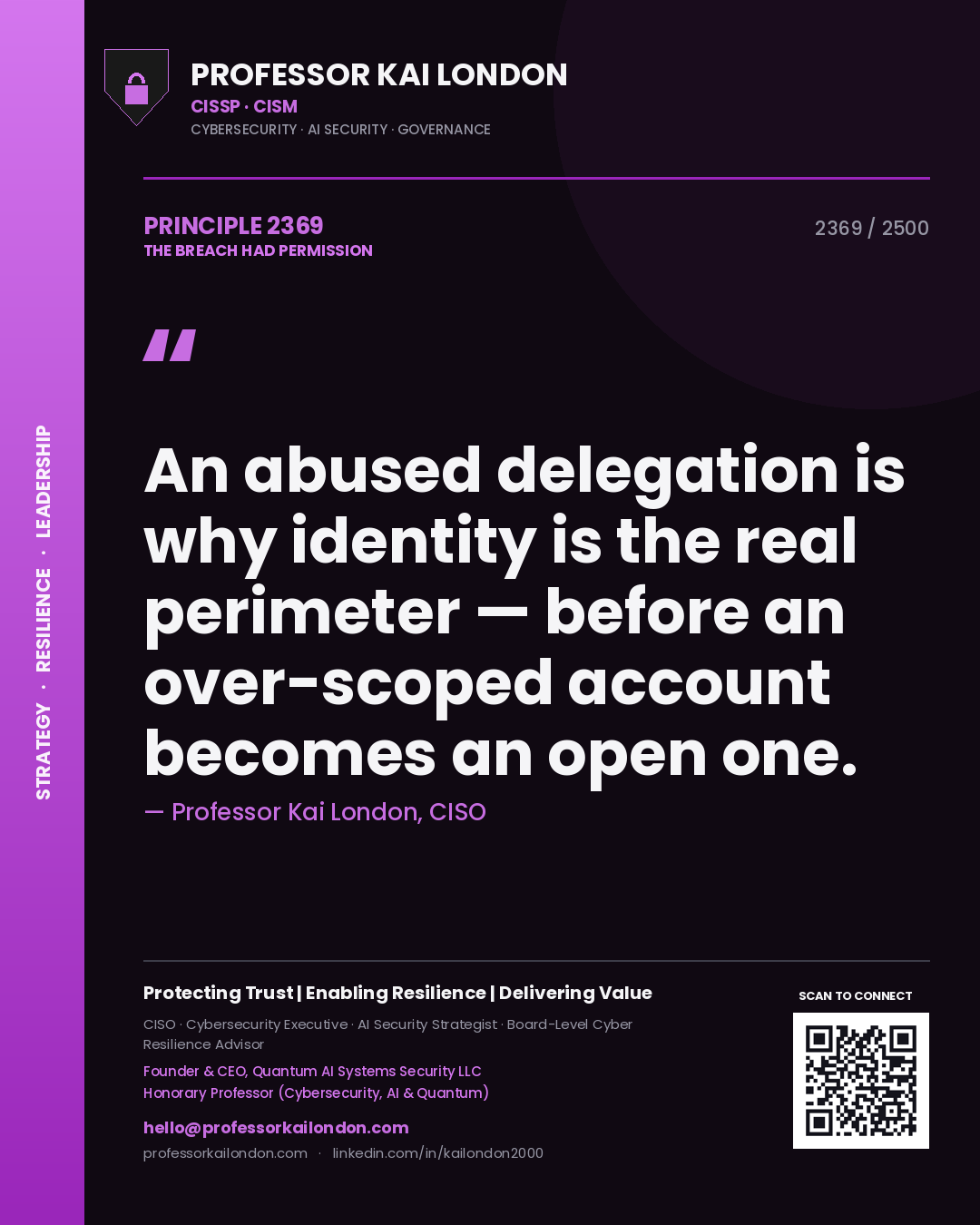 Professor Kai London principle 2369: An abused delegation is why identity is the real perimeter — before an over-scoped account becomes an open one.