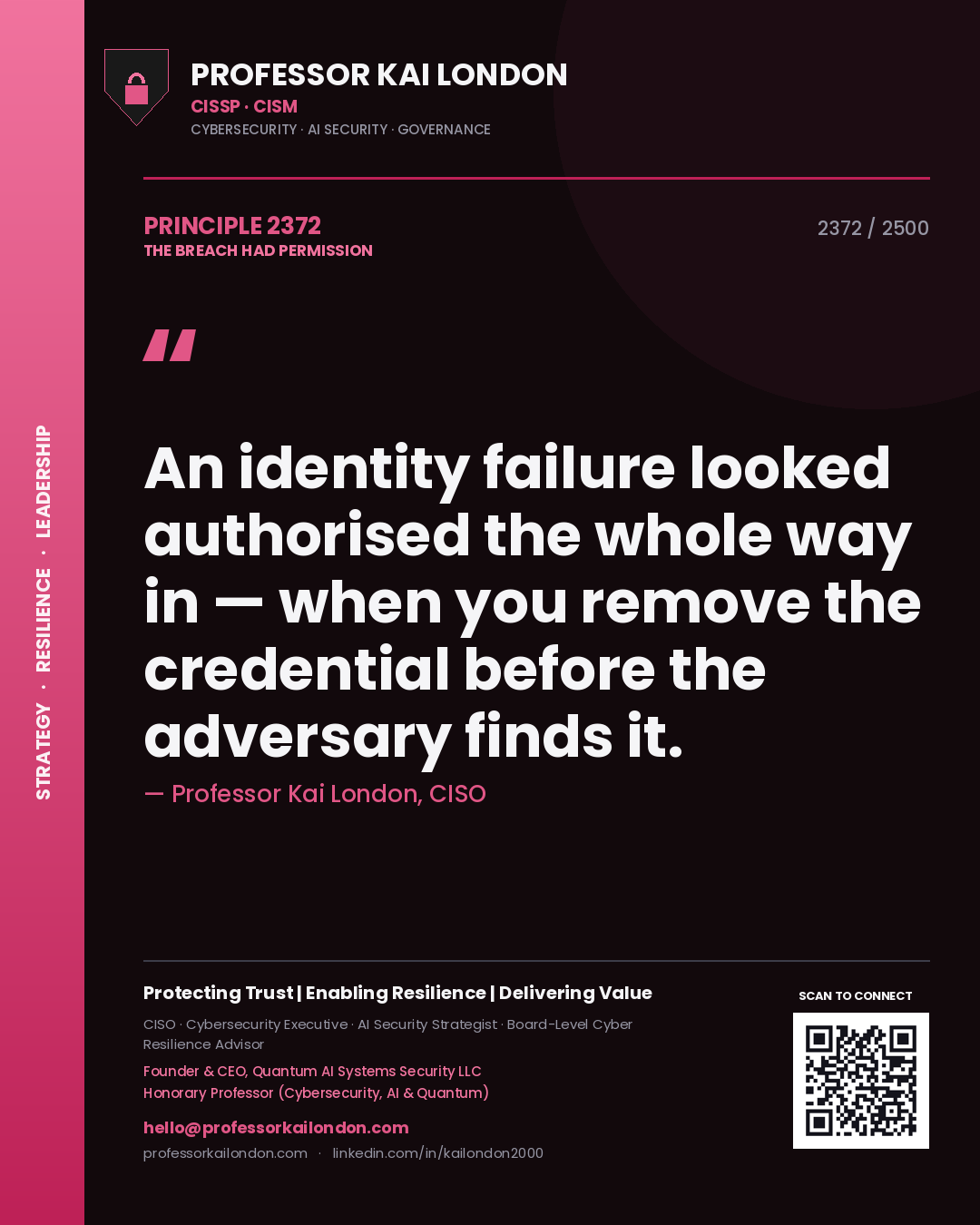 Quote card by Professor Kai London reading 'An identity failure looked authorised the whole way in — when you remove the credential before the adversary finds it.'. From the book The Breach Had Permission.